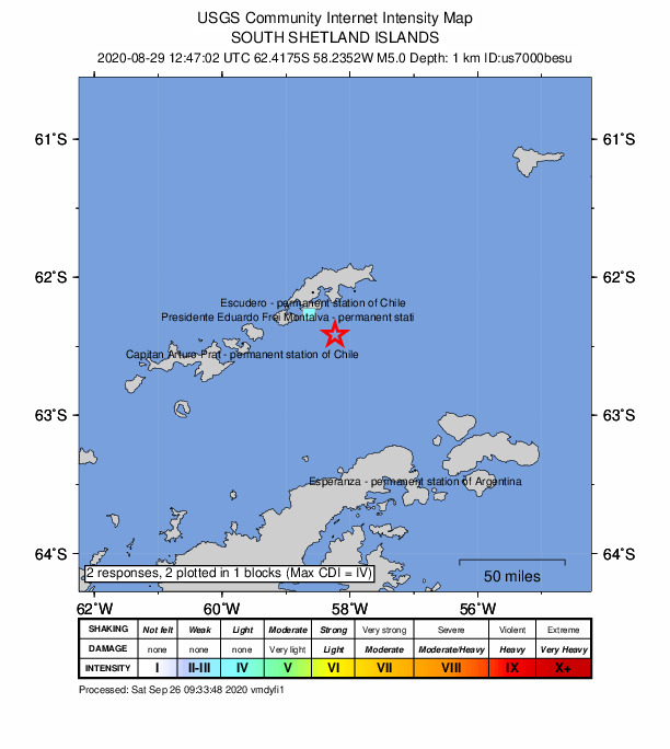 USGS DYFI community-reported intensity map for the M4.9 earthquake near South Shetland Islands