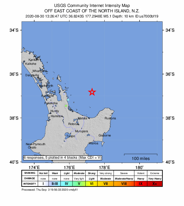 USGS DYFI community-reported intensity map for the M5.1 earthquake near 128 km NE of Maketu, New Zealand