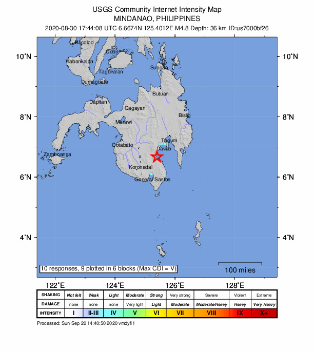 USGS DYFI community-reported intensity map for the M4.8 earthquake near 5 km ESE of Guihing Proper, Philippines