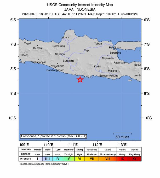 USGS DYFI community-reported intensity map for the M4.2 earthquake near 60 km SW of Trenggalek, Indonesia