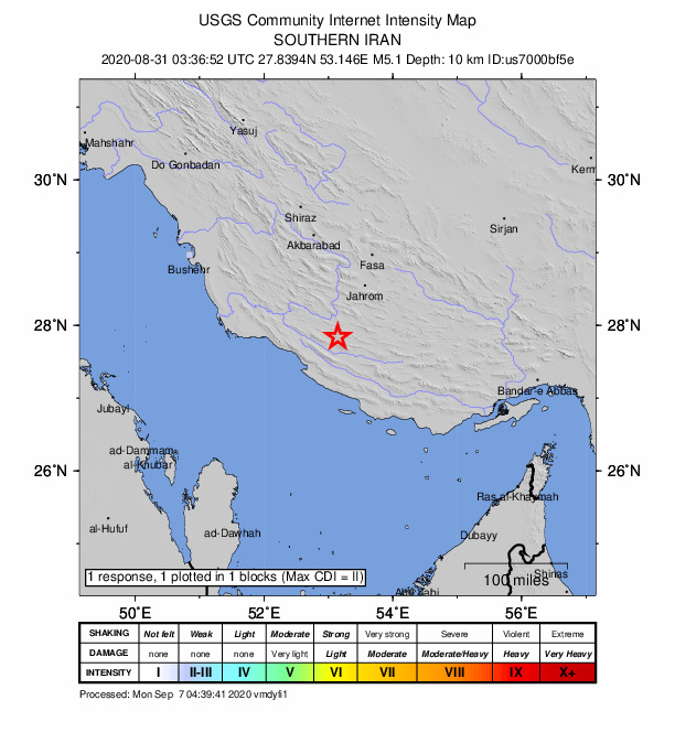 USGS DYFI community-reported intensity map for the M5.2 earthquake near 40 km NE of Mohr, Iran