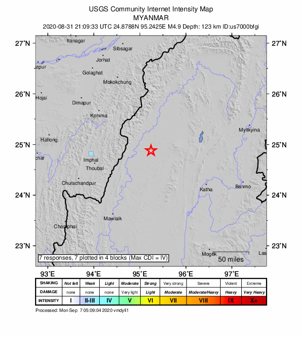 USGS DYFI community-reported intensity map for the M4.9 earthquake near 114 km SE of Phek, India