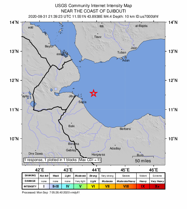 USGS DYFI community-reported intensity map for the M4.4 earthquake near 73 km E of Loyada, Djibouti