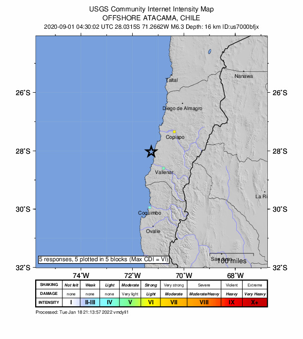 USGS DYFI community-reported intensity map for the M6.3 earthquake near 78 km NW of Vallenar, Chile