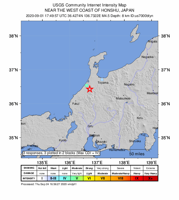 USGS DYFI community-reported intensity map for the M4.5 earthquake near 9 km ESE of Tsurugi-asahimachi, Japan