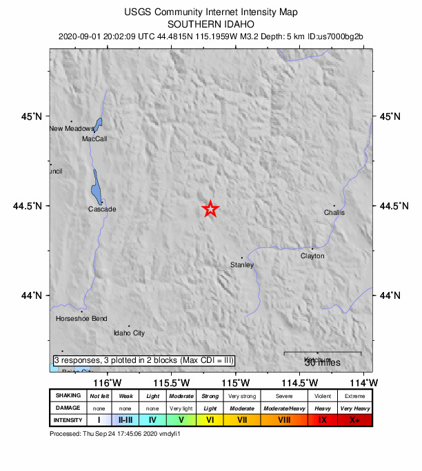 USGS DYFI community-reported intensity map for the M3.2 earthquake near 35 km NW of Stanley, Idaho