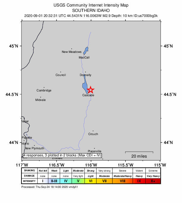 USGS DYFI community-reported intensity map for the M2.9 earthquake near 4 km NE of Cascade, Idaho