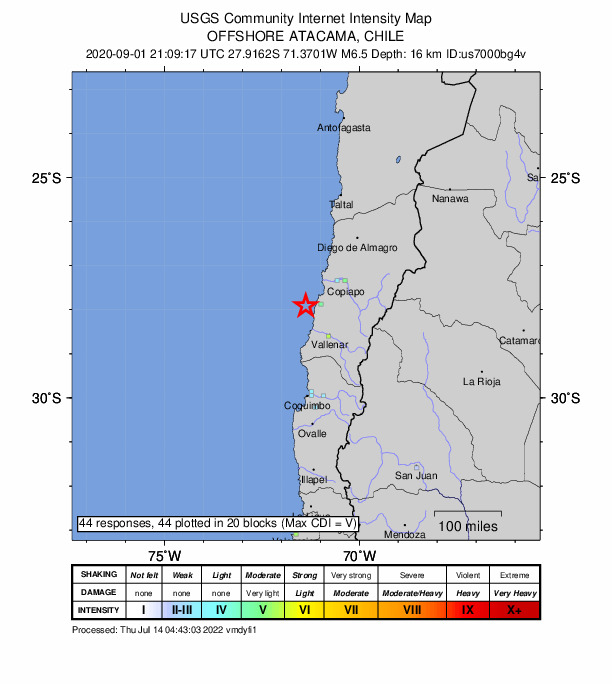 USGS DYFI community-reported intensity map for the M6.5 earthquake near 94 km NW of Vallenar, Chile