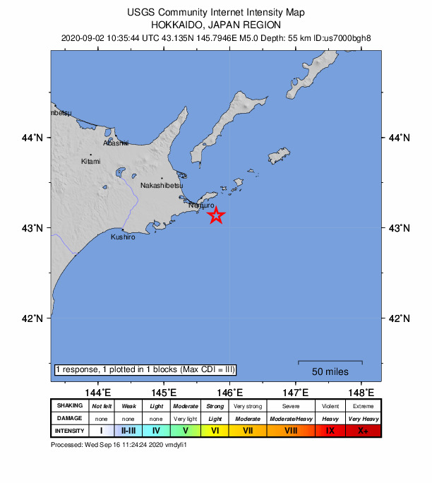 USGS DYFI community-reported intensity map for the M5.0 earthquake near 27 km SE of Nemuro, Japan