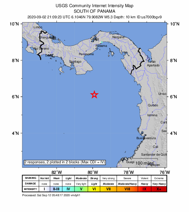 USGS DYFI community-reported intensity map for the M5.3 earthquake near 143 km SSE of Cambutal, Panama