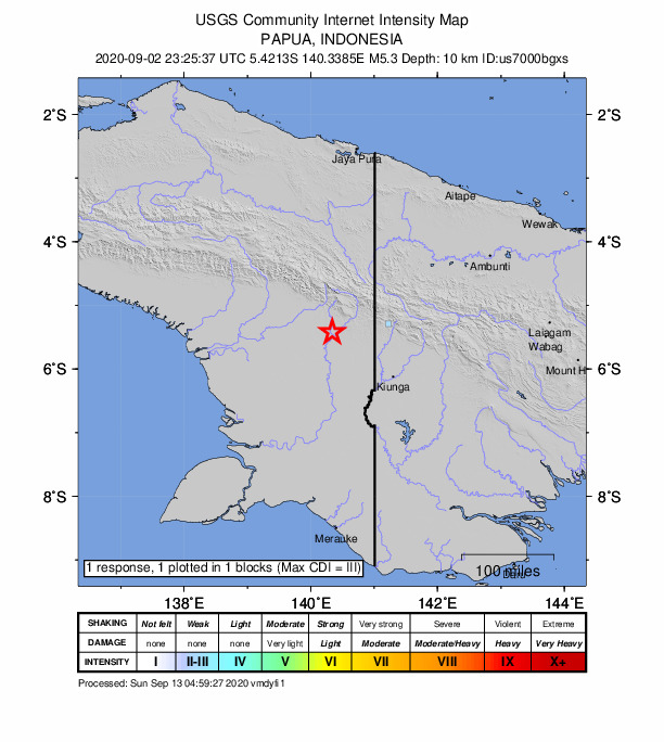 USGS DYFI community-reported intensity map for the M4.9 earthquake near 129 km NW of Kiunga, Papua New Guinea