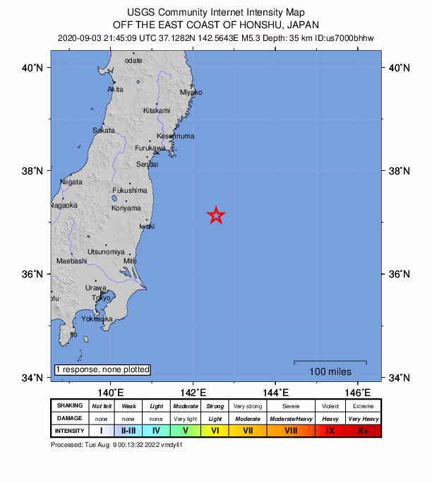 USGS DYFI community-reported intensity map for the M5.3 earthquake near 144 km ESE of Namie, Japan
