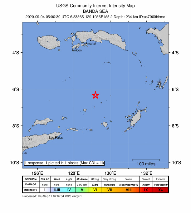 USGS DYFI community-reported intensity map for the M5.2 earthquake near Banda Sea