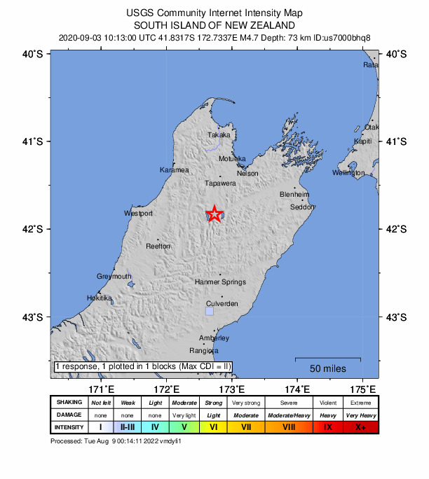USGS DYFI community-reported intensity map for the M4.7 earthquake near 54 km SSW of Wakefield, New Zealand