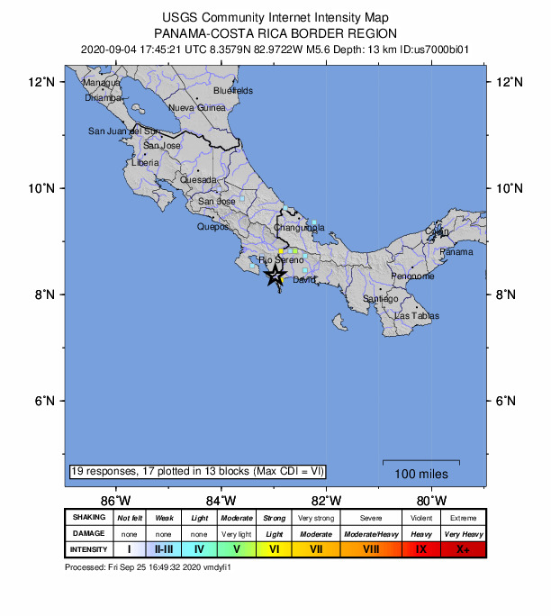 USGS DYFI community-reported intensity map for the M5.6 earthquake near 11 km WSW of Finca Blanco, Panama