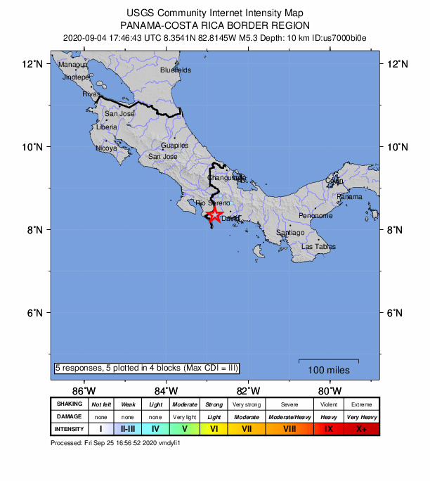 USGS DYFI community-reported intensity map for the M5.3 earthquake near 1 km NNW of Manaca Norte, Panama