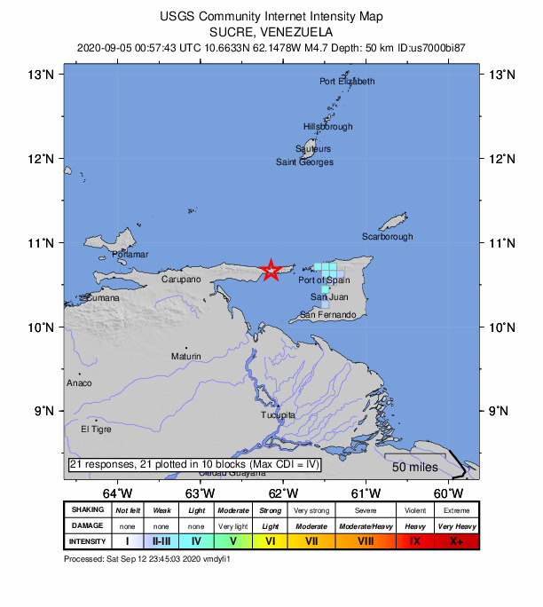 USGS DYFI community-reported intensity map for the M4.7 earthquake near near the coast of Venezuela