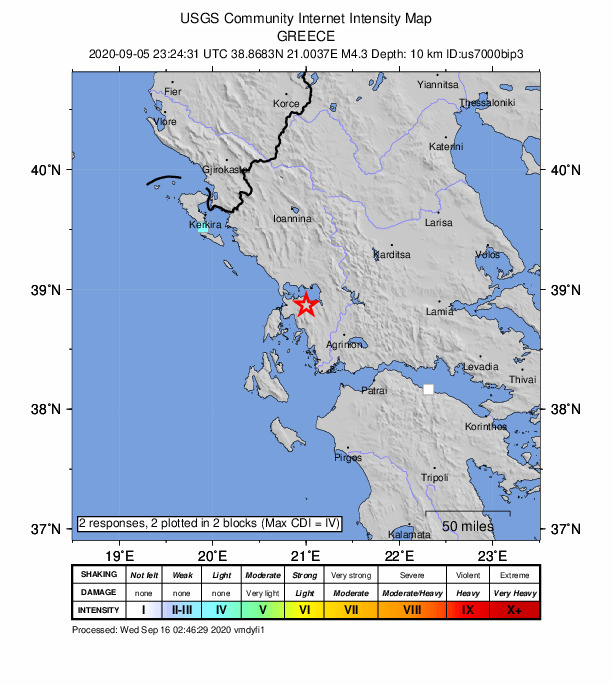 USGS DYFI community-reported intensity map for the M4.3 earthquake near 5 km ENE of Monastiráki, Greece