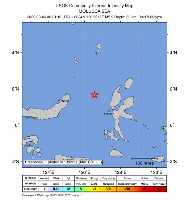 USGS DYFI community-reported intensity map for the M5.9 earthquake near 133 km NW of Ternate, Indonesia