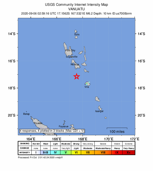 USGS DYFI community-reported intensity map for the M6.2 earthquake near 104 km NW of Port-Vila, Vanuatu