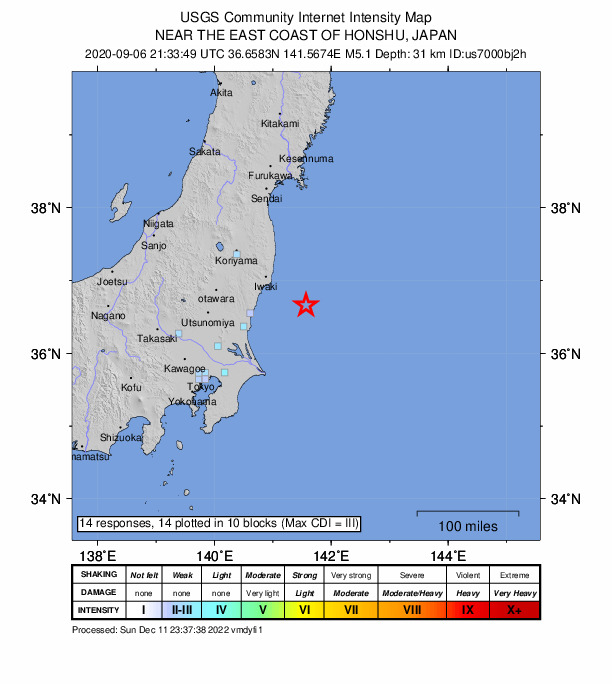 USGS DYFI community-reported intensity map for the M5.1 earthquake near 74 km ESE of Kitaibaraki, Japan