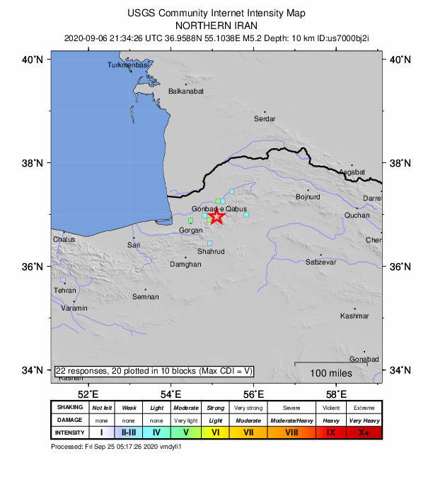 USGS DYFI community-reported intensity map for the M5.3 earthquake near 13 km SSW of ?z?dshahr, Iran