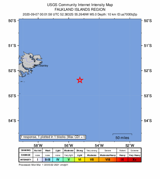 USGS DYFI community-reported intensity map for the M5.0 earthquake near Falkland Islands region