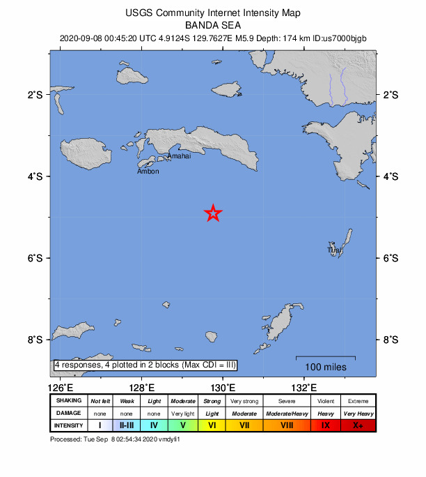 USGS DYFI community-reported intensity map for the M5.9 earthquake near 193 km SSE of Amahai, Indonesia