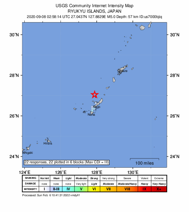 USGS DYFI community-reported intensity map for the M5.0 earthquake near 48 km NNW of Nago, Japan