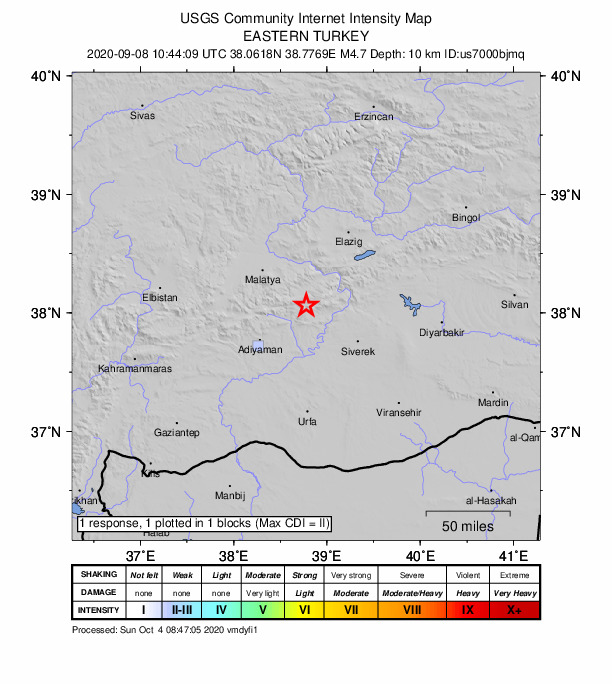 USGS DYFI community-reported intensity map for the M4.7 earthquake near 14 km E of Sincik, Turkey