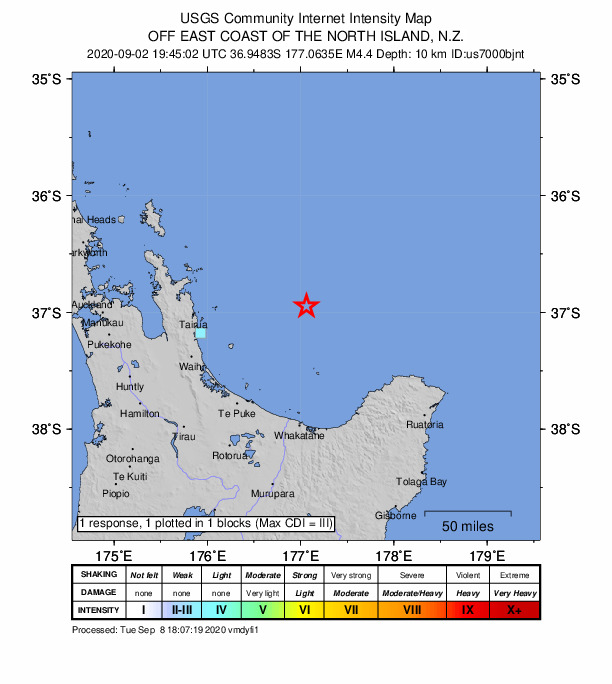 USGS DYFI community-reported intensity map for the M4.4 earthquake near 105 km NNE of Maketu, New Zealand