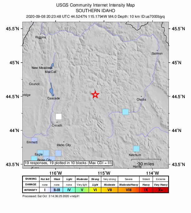 USGS DYFI community-reported intensity map for the M4.0 earthquake near 39 km NNW of Stanley, Idaho