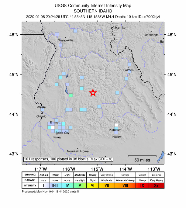 USGS DYFI community-reported intensity map for the M4.4 earthquake near 39 km NNW of Stanley, Idaho