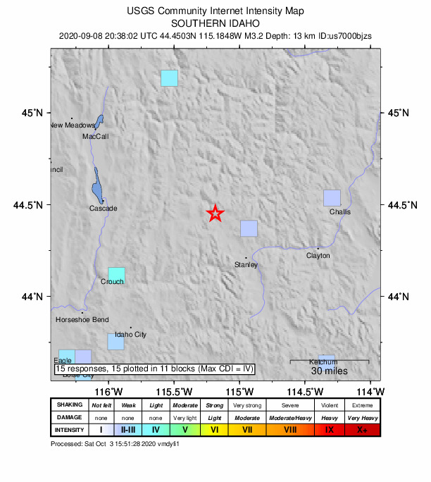 USGS DYFI community-reported intensity map for the M3.2 earthquake near 32 km NW of Stanley, Idaho