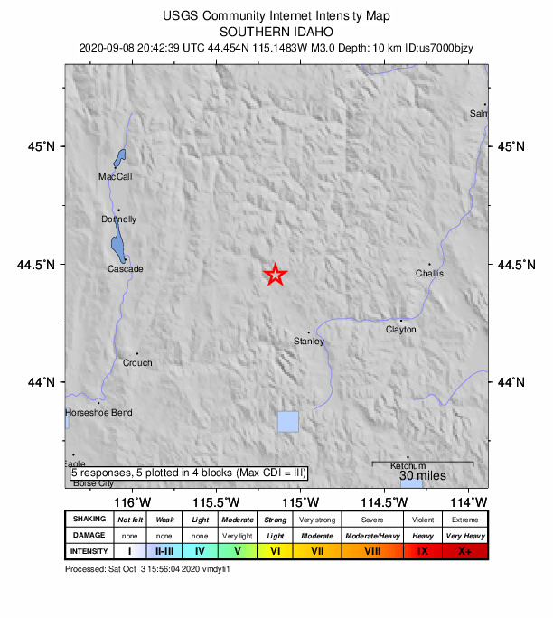 USGS DYFI community-reported intensity map for the M3.0 earthquake near 31 km NNW of Stanley, Idaho