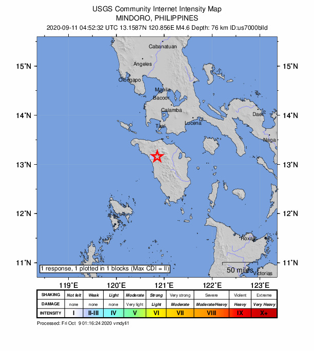 USGS DYFI community-reported intensity map for the M4.6 earthquake near 17 km ENE of Santa Cruz, Philippines