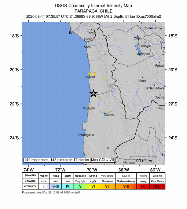 USGS DYFI community-reported intensity map for the M6.2 earthquake near 82 km NNE of Tocopilla, Chile