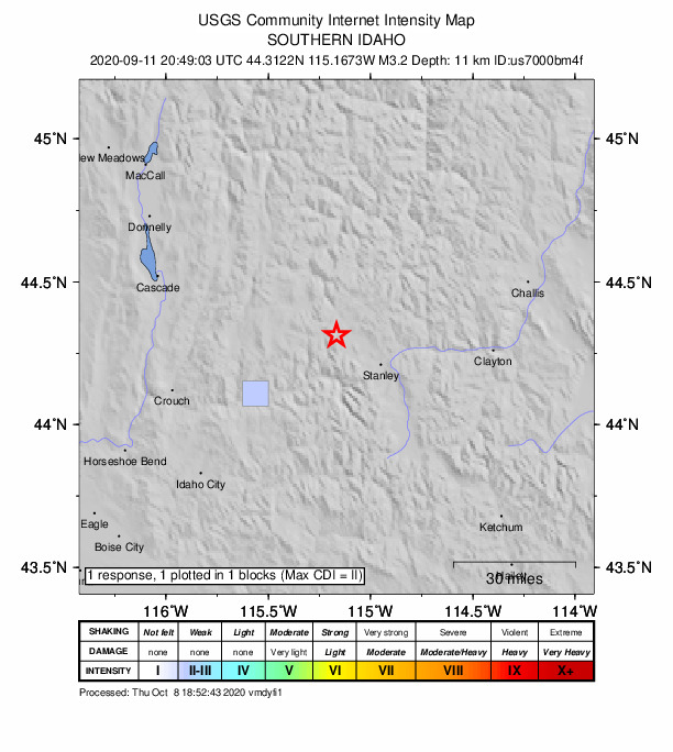 USGS DYFI community-reported intensity map for the M3.2 earthquake near 21 km WNW of Stanley, Idaho