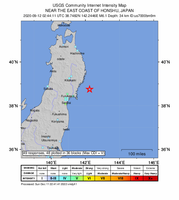 USGS DYFI community-reported intensity map for the M6.1 earthquake near 58 km SE of ?funato, Japan