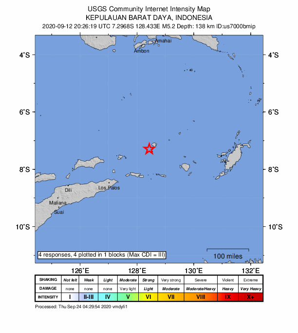 USGS DYFI community-reported intensity map for the M5.2 earthquake near 207 km NE of Lospalos, Timor Leste