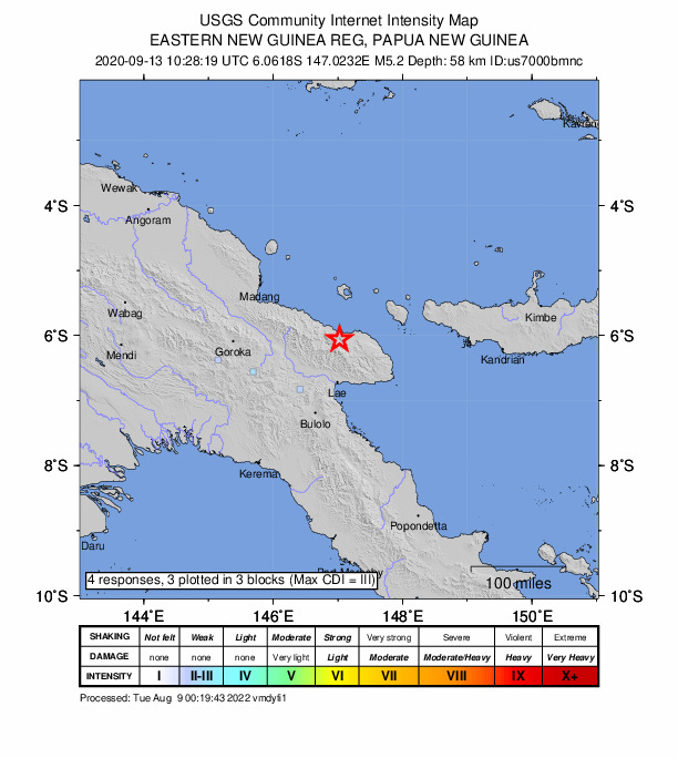 USGS DYFI community-reported intensity map for the M5.2 earthquake near 73 km N of Lae, Papua New Guinea
