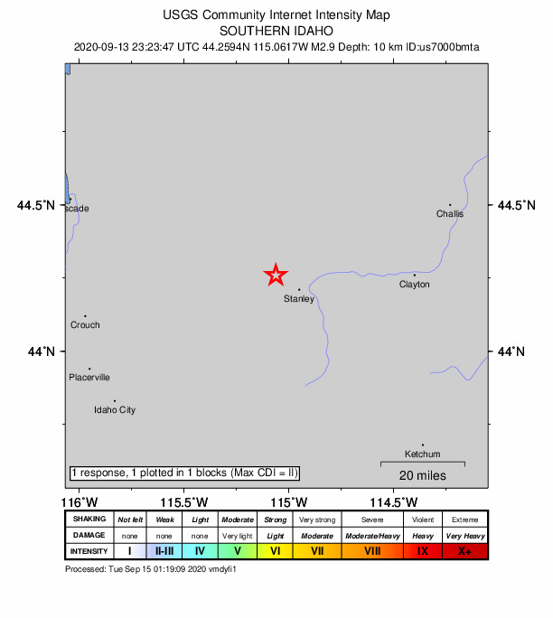 USGS DYFI community-reported intensity map for the M2.9 earthquake near 10 km WNW of Stanley, Idaho