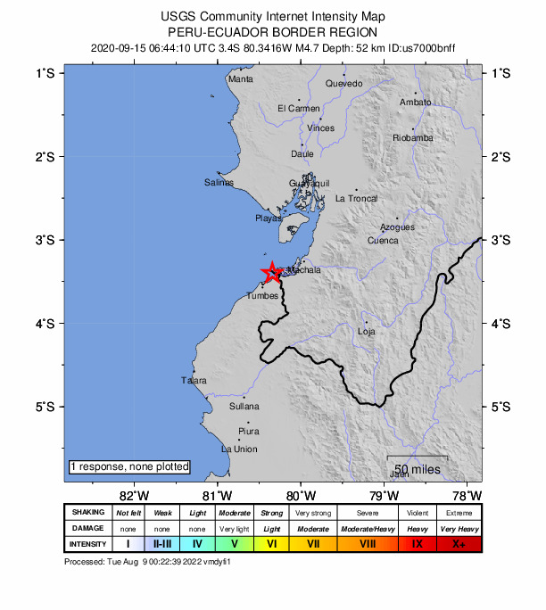 USGS DYFI community-reported intensity map for the M4.7 earthquake near 13 km NW of Zarumilla, Peru