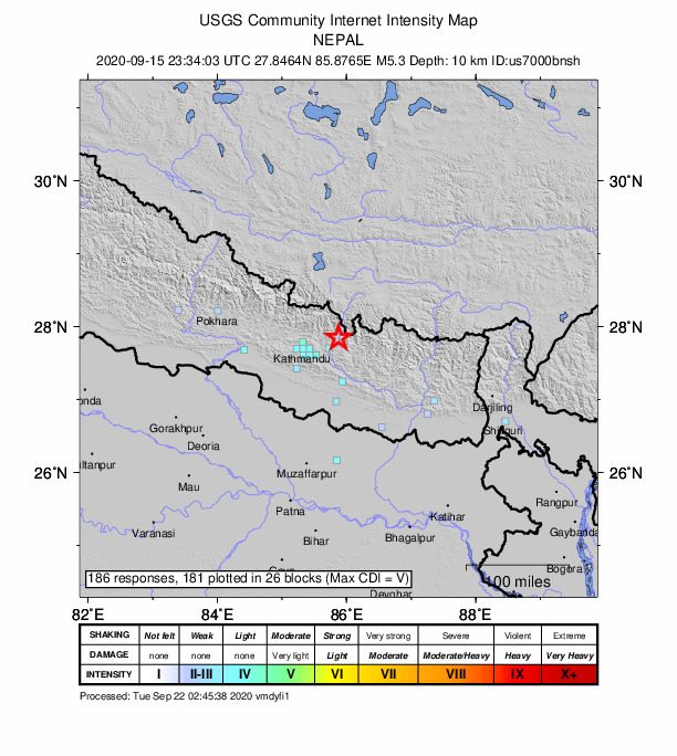 USGS DYFI community-reported intensity map for the M5.3 earthquake near 14 km SSW of Kod?ri??, Nepal