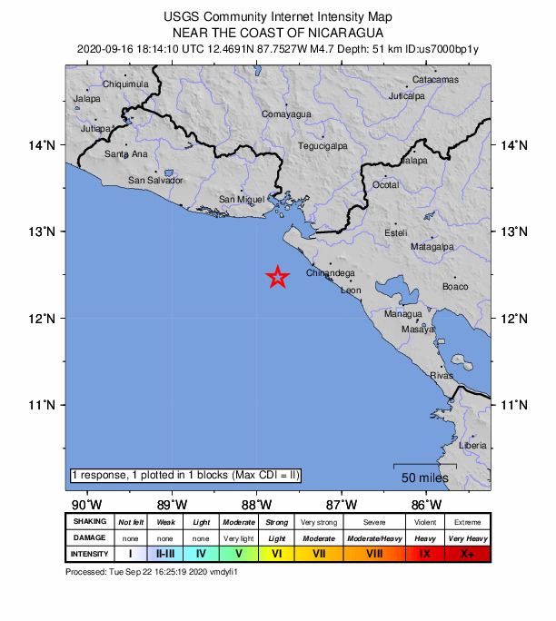 USGS DYFI community-reported intensity map for the M4.7 earthquake near 44 km SW of Jiquilillo, Nicaragua