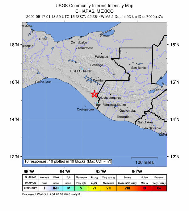 USGS DYFI community-reported intensity map for the M5.2 earthquake near 7 km SW of Belisario Domínguez, Mexico