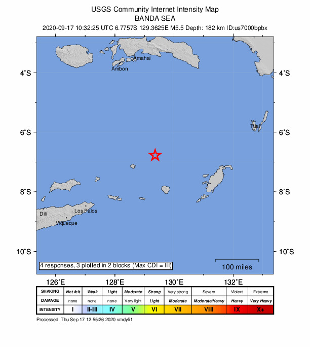 USGS DYFI community-reported intensity map for the M5.5 earthquake near Banda Sea