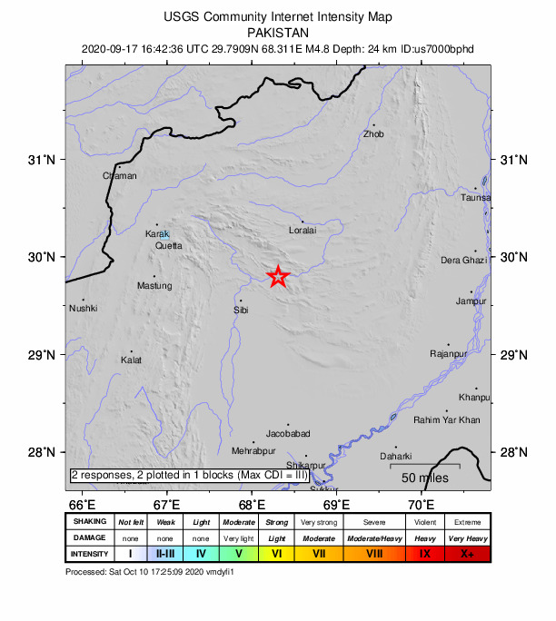 USGS DYFI community-reported intensity map for the M4.8 earthquake near 47 km SSW of Duki, Pakistan