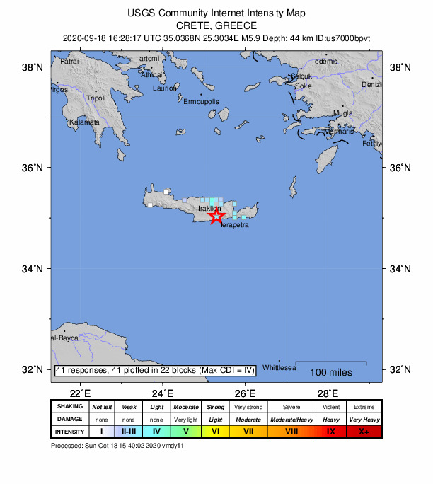 USGS DYFI community-reported intensity map for the M5.9 earthquake near 12 km SSE of Arkalochóri, Greece