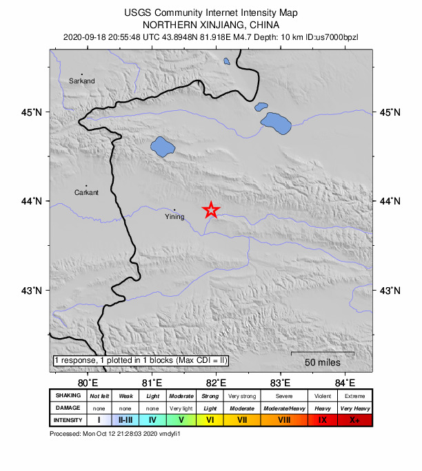 USGS DYFI community-reported intensity map for the M4.7 earthquake near 70 km E of Qapqal, China